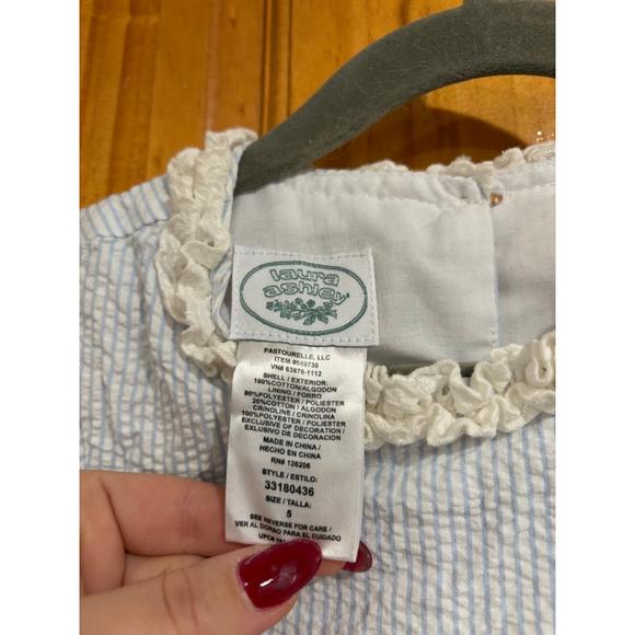 Laura Ashley Girls Seersucker Dress Blue White Lace Trim Size 5 Easter Spring - Picture 2 of 3
